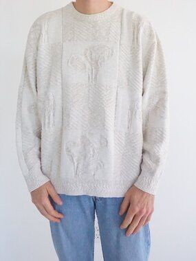 Vintage Croft & Barrow Cream Golf Clubs Textured Cotton Blend USA Knit Sweater L